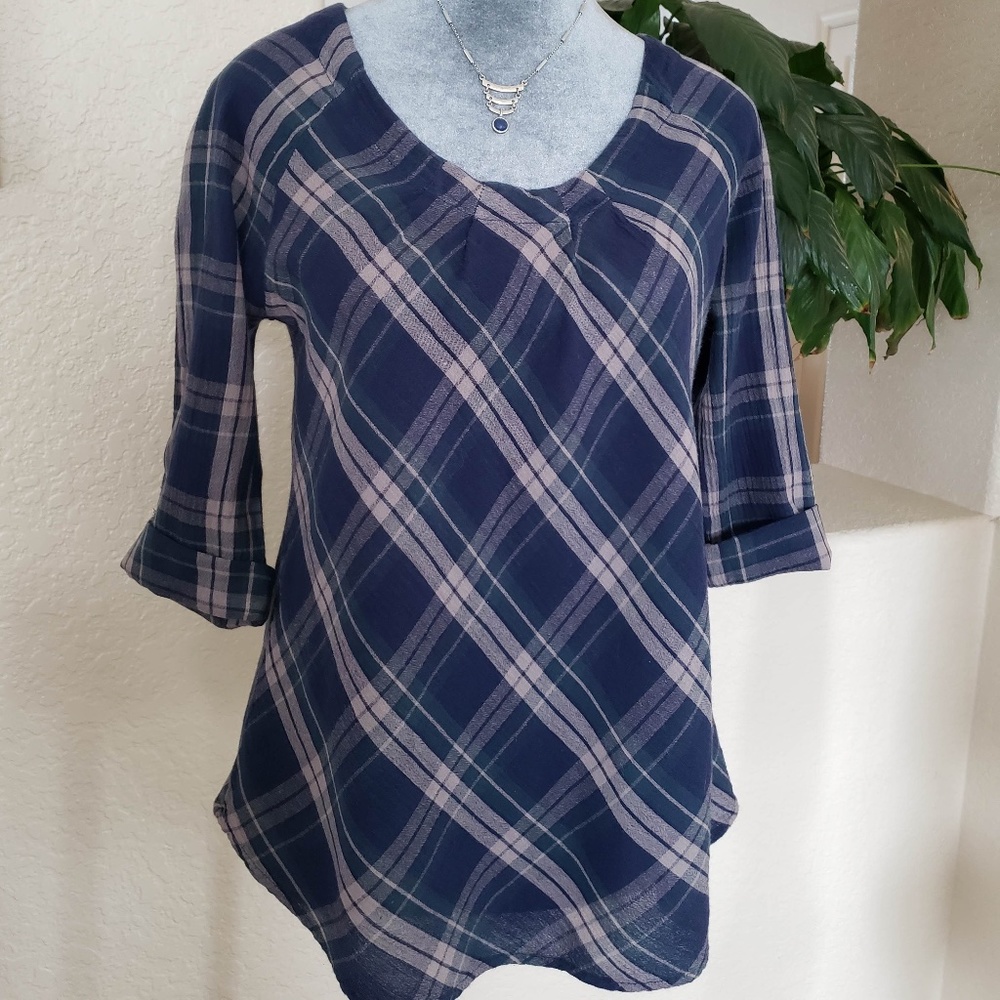 Calvin Klein Navy Plaid Lightweight Cotton Gauze Top - Size Small